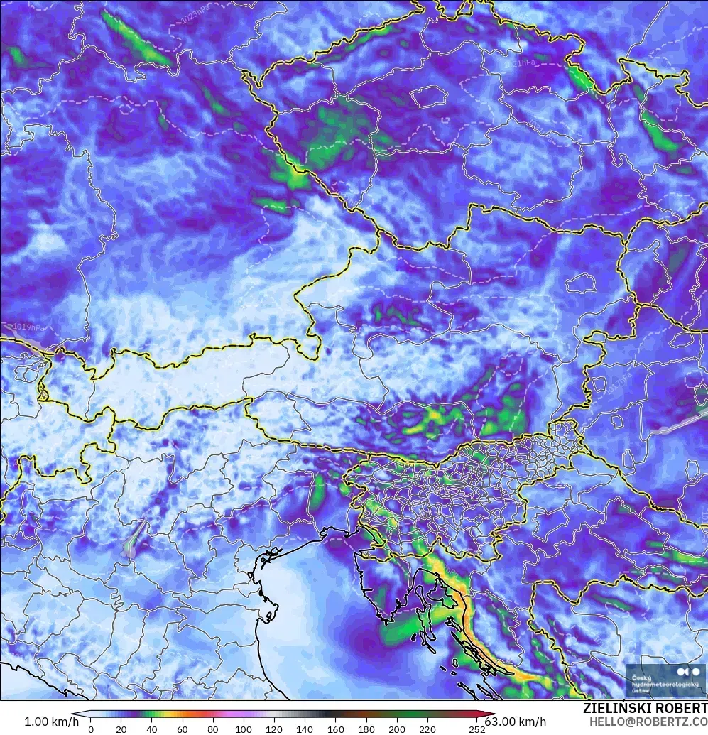 ALADIN CZ 2.3 km model - Austria, Puncak Hembusan
