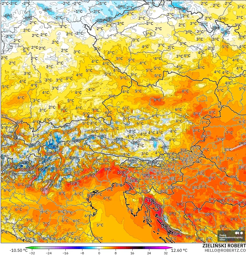 ALADIN CZ 2.3 km model - Austria, Anomali Suhu 2 m