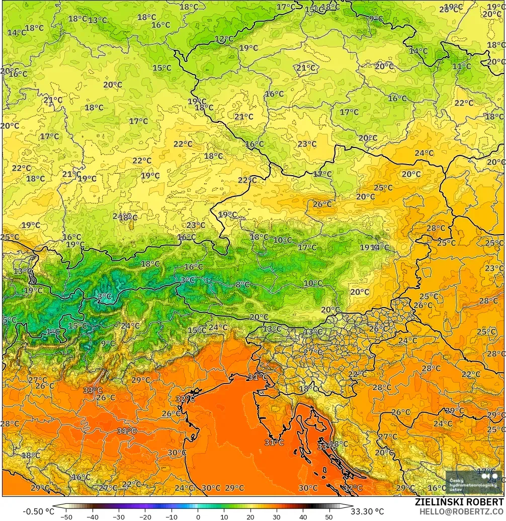ALADIN CZ 2.3 km model - Austria, Suhu 2 m