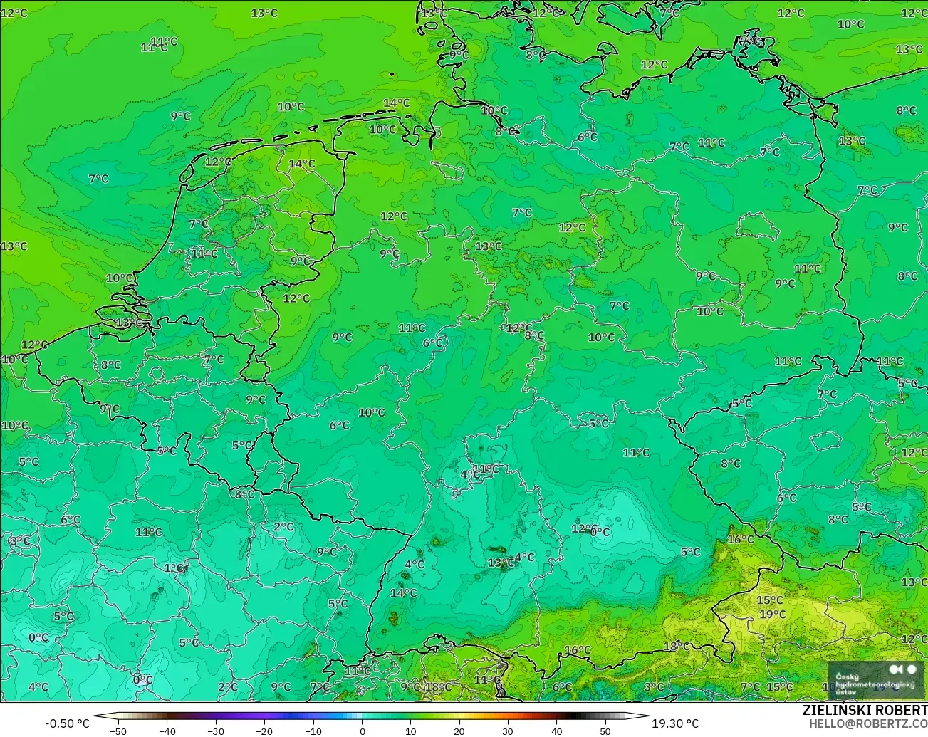 ALADIN CZ 2.3 km model - Jerman, Titik Embun 2 m