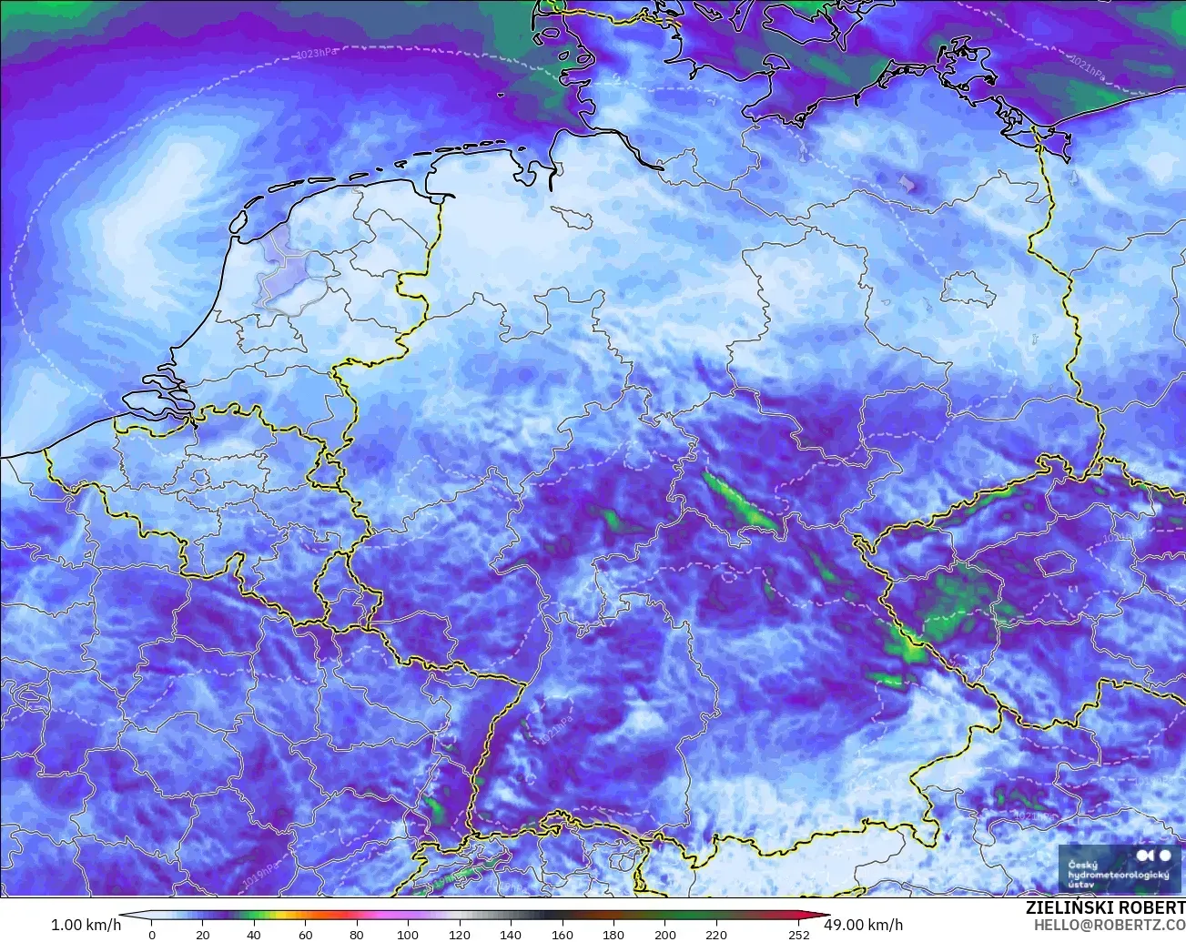 ALADIN CZ 2.3 km model - Jerman, Puncak Hembusan