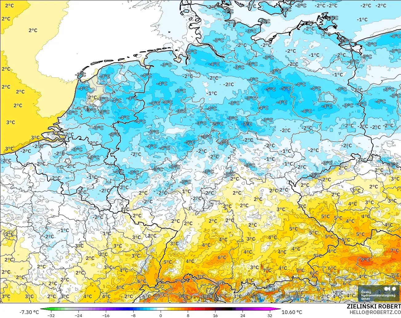 ALADIN CZ 2.3 km model - Jerman, Anomali Suhu 2 m