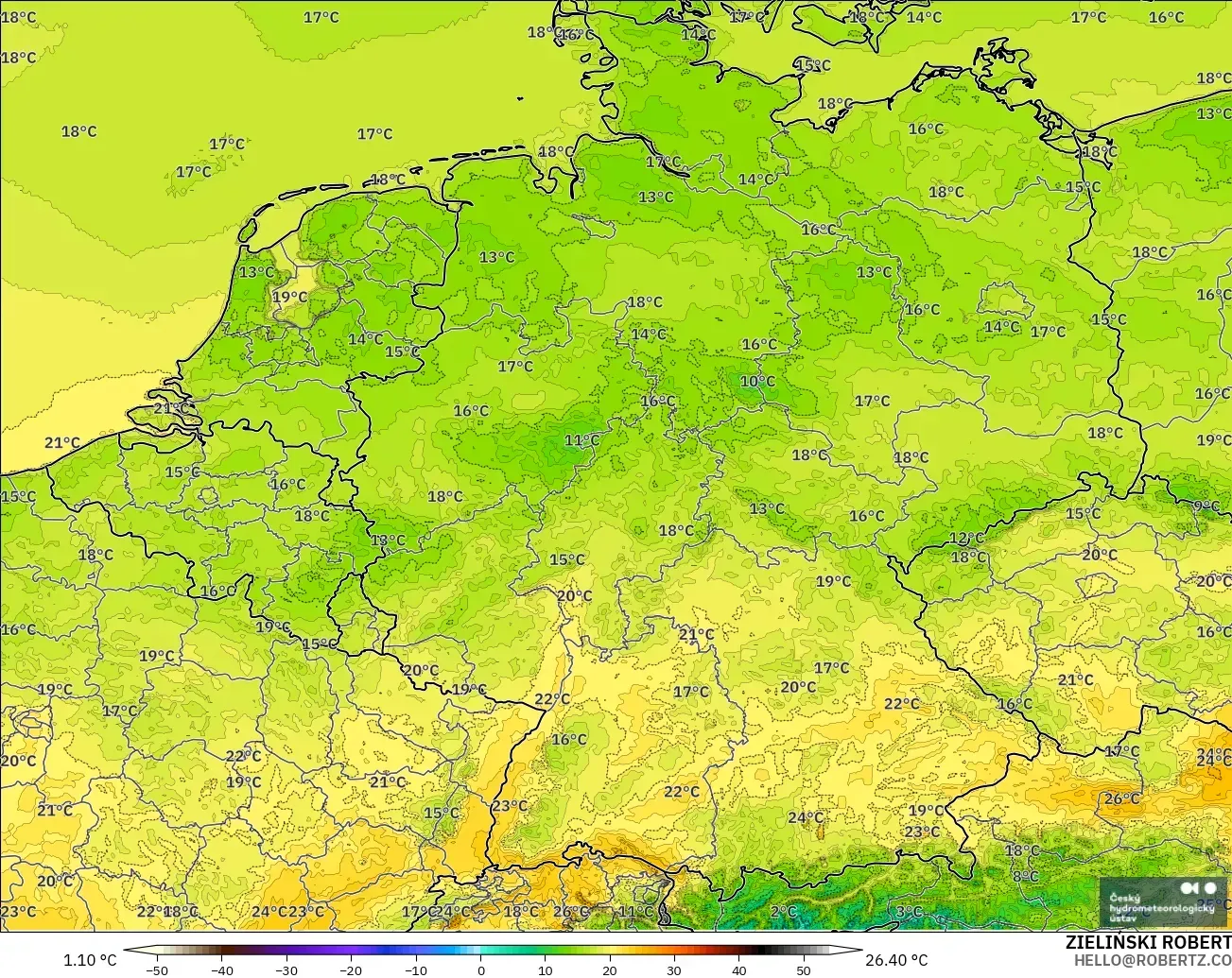 ALADIN CZ 2.3 km model - Jerman, Suhu 2 m