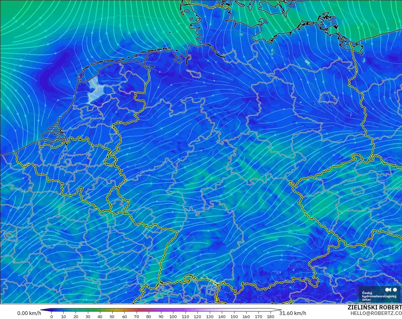 ALADIN CZ 2.3 km model - Jerman, Angin 10 m