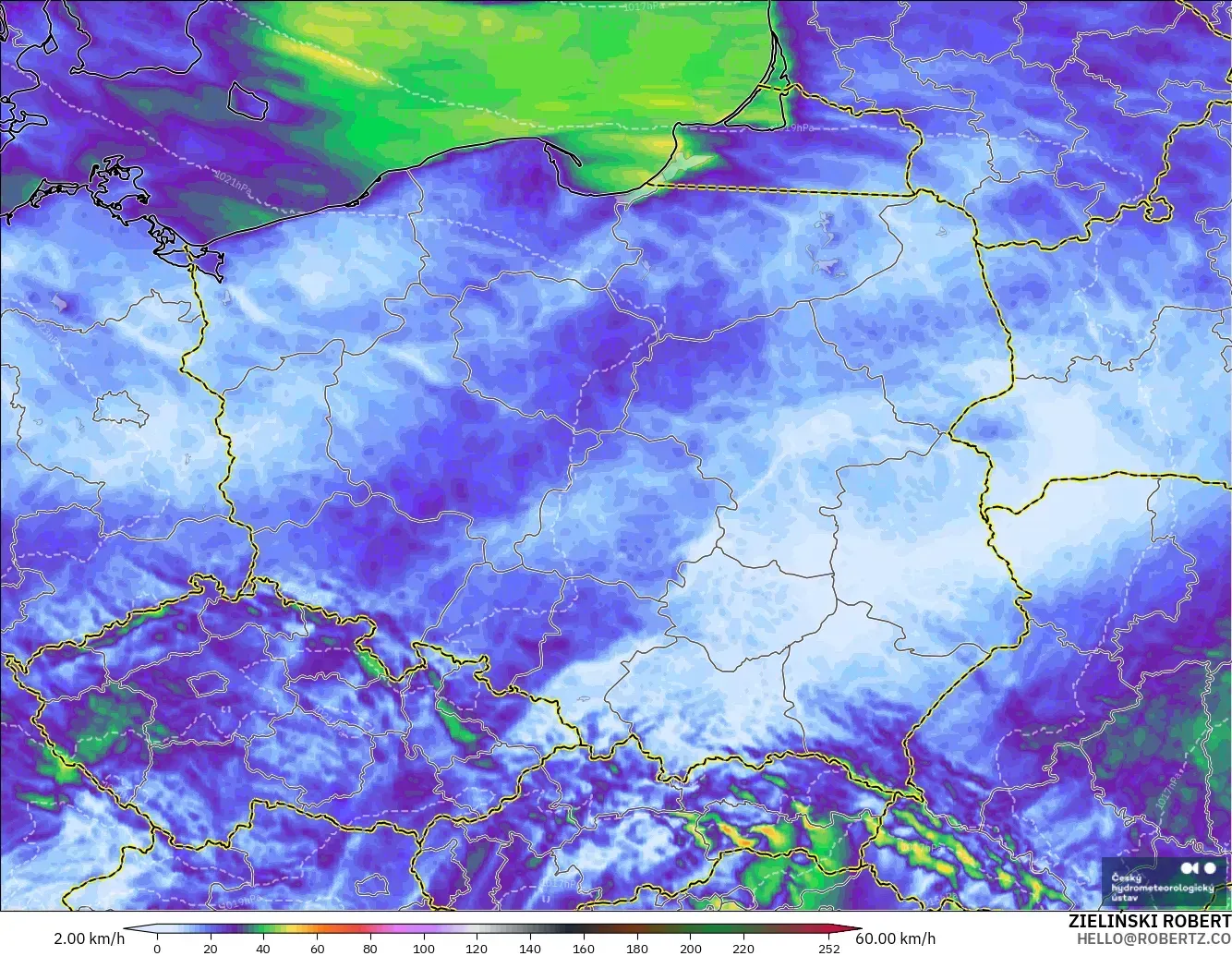 ALADIN CZ 2.3 km model - Polandia, Puncak Hembusan