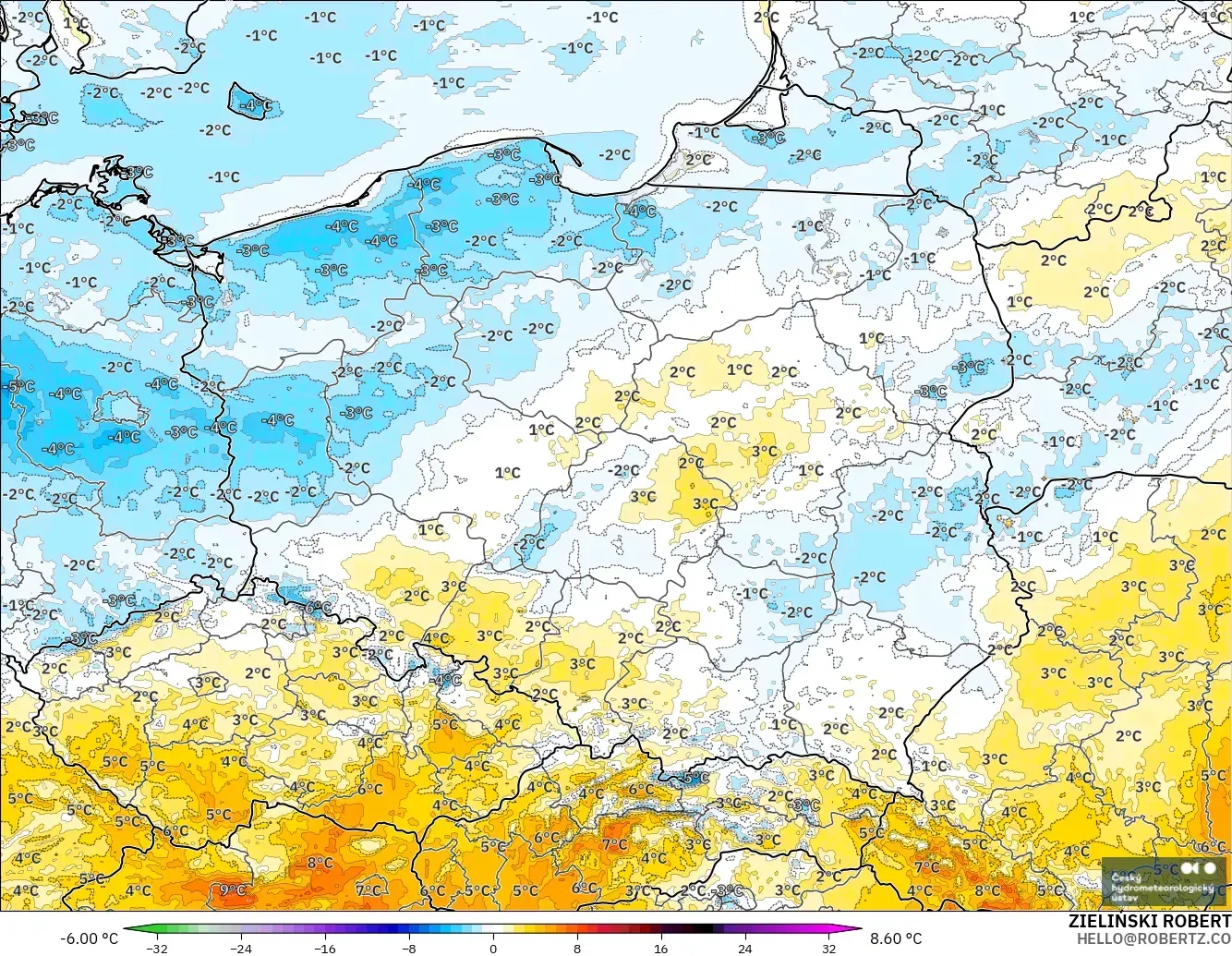 ALADIN CZ 2.3 km model - Polandia, Anomali Suhu 2 m