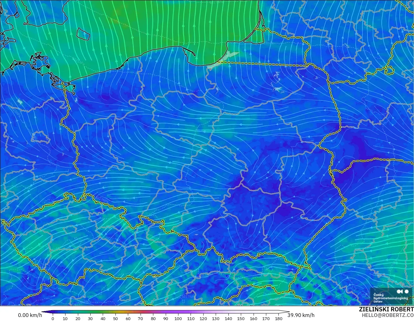 ALADIN CZ 2.3 km model - Polandia, Angin 10 m