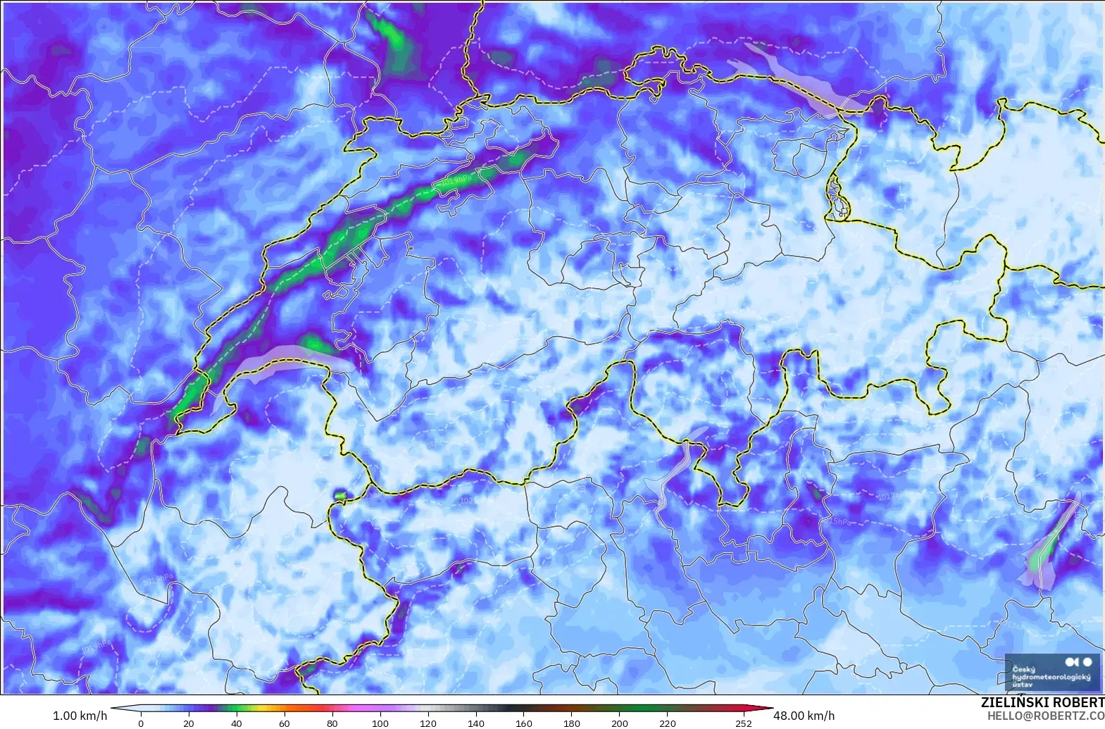 ALADIN CZ 2.3 km model - Swiss, Puncak Hembusan