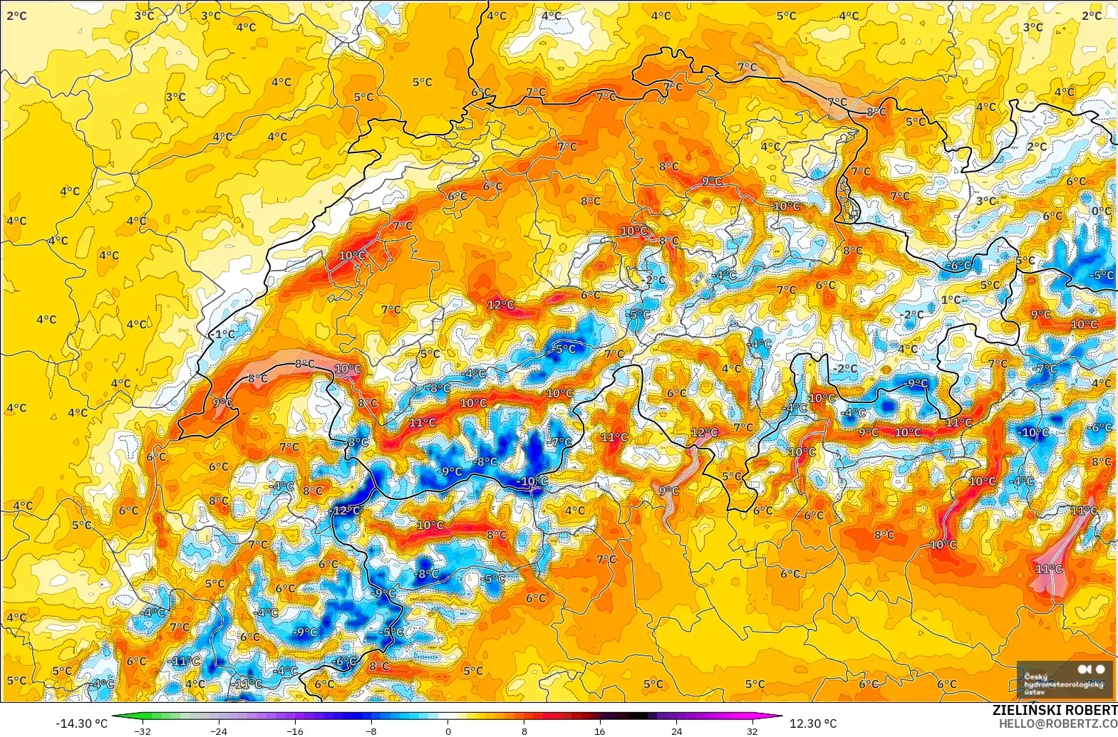 ALADIN CZ 2.3 km model - Swiss, Anomali Suhu 2 m