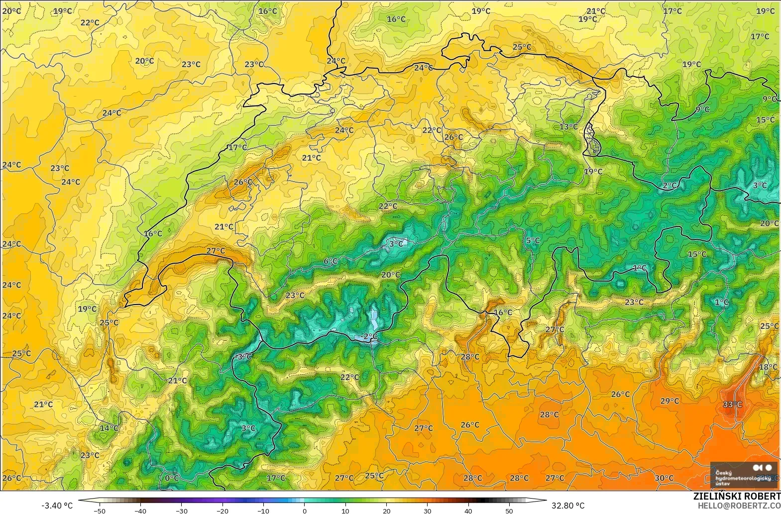 ALADIN CZ 2.3 km model - Swiss, Suhu 2 m