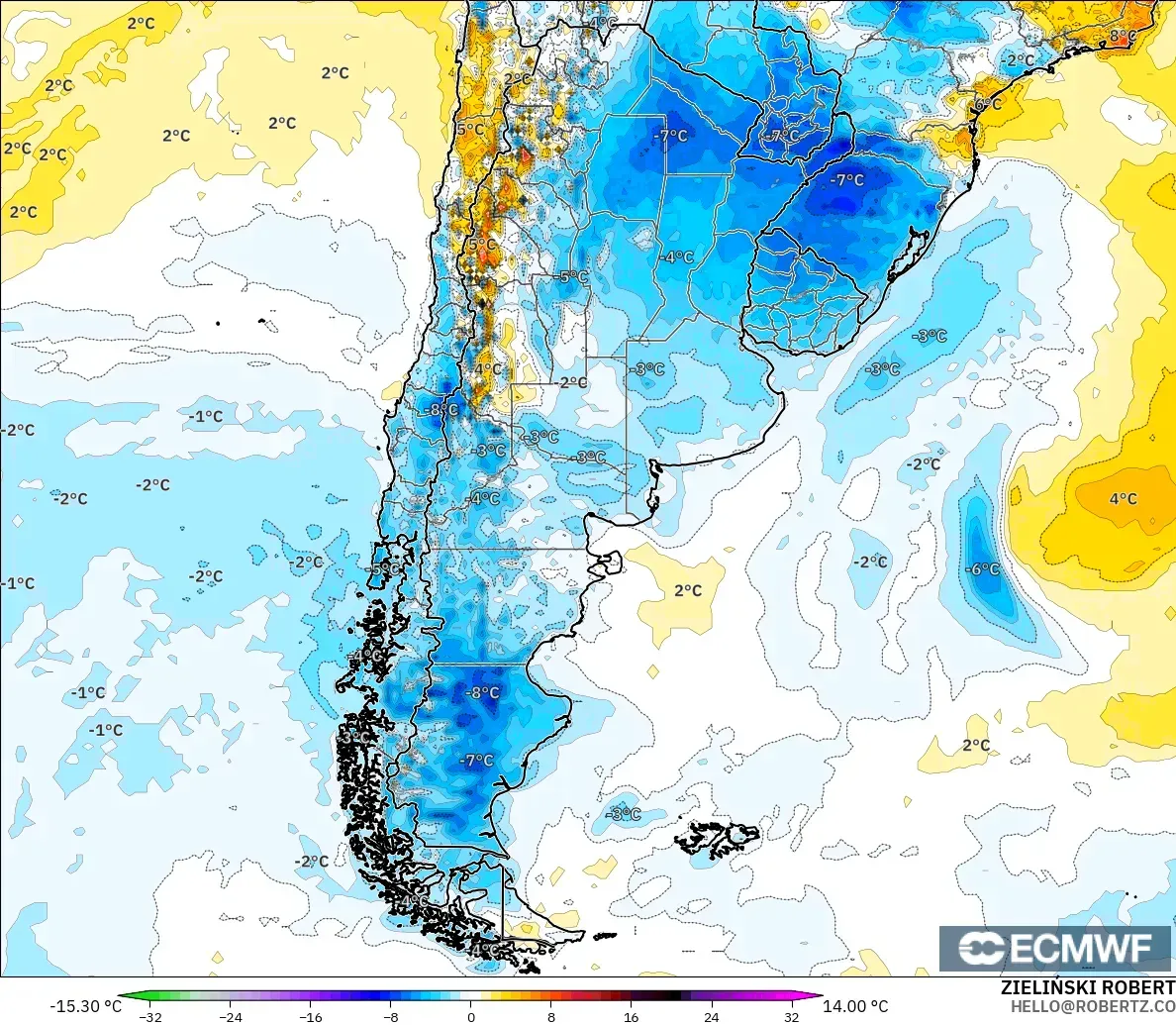 ECMWF IFS 0.25° model - Argentina, Anomali Suhu 2 m