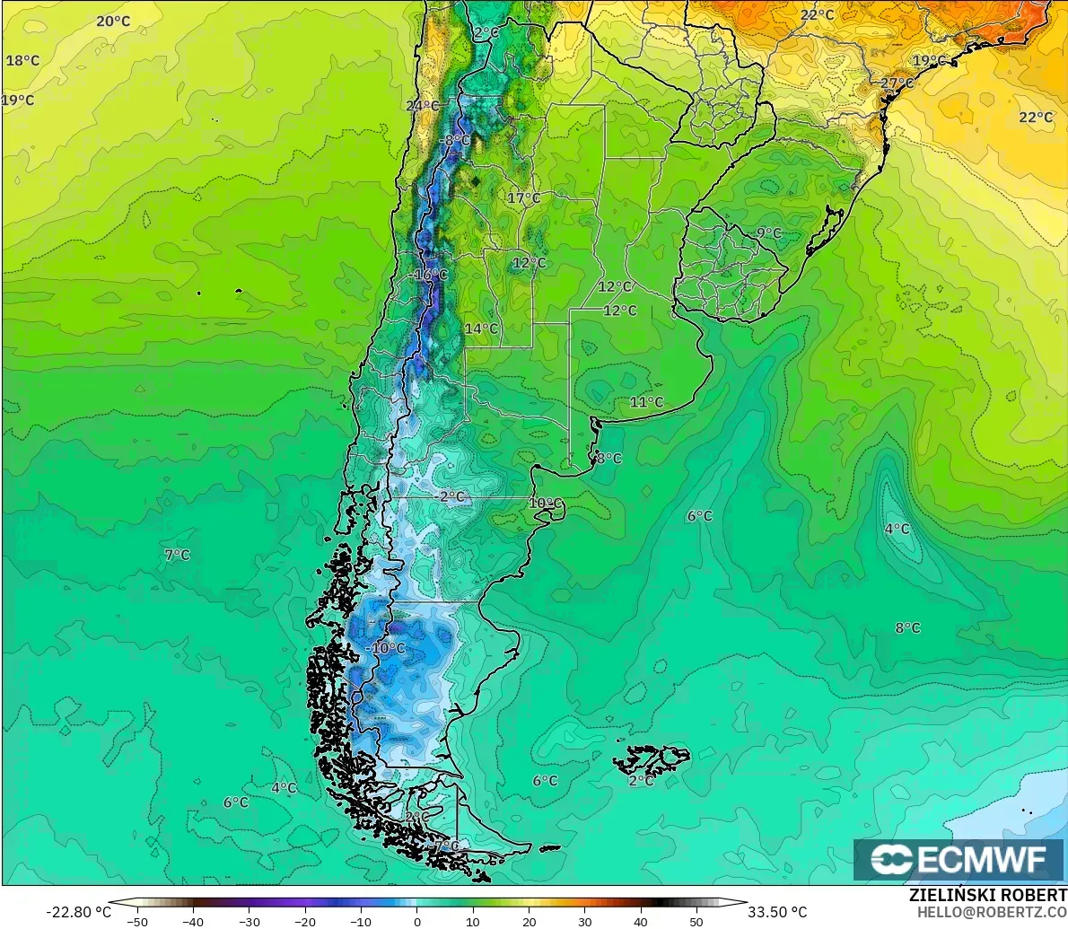 ECMWF IFS 0.25° model - Argentina, Suhu 2 m