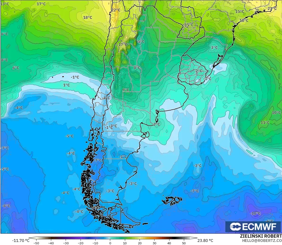ECMWF IFS 0.25° model - Argentina, Suhu 850 hPa