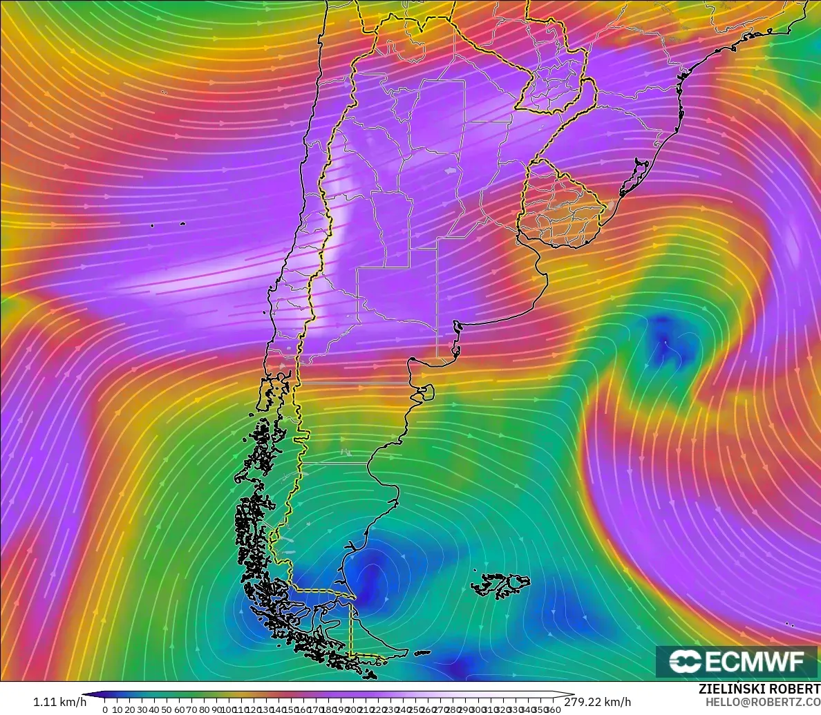 ECMWF IFS 0.25° model - Argentina, Angin 300 hPa (aliran jet)