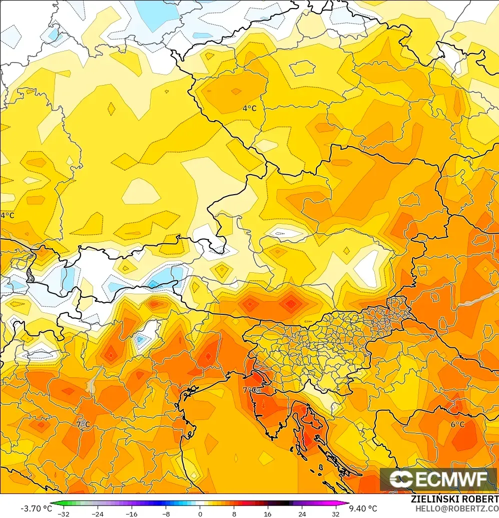 ECMWF IFS 0.25° model - Austria, Anomali Suhu 2 m