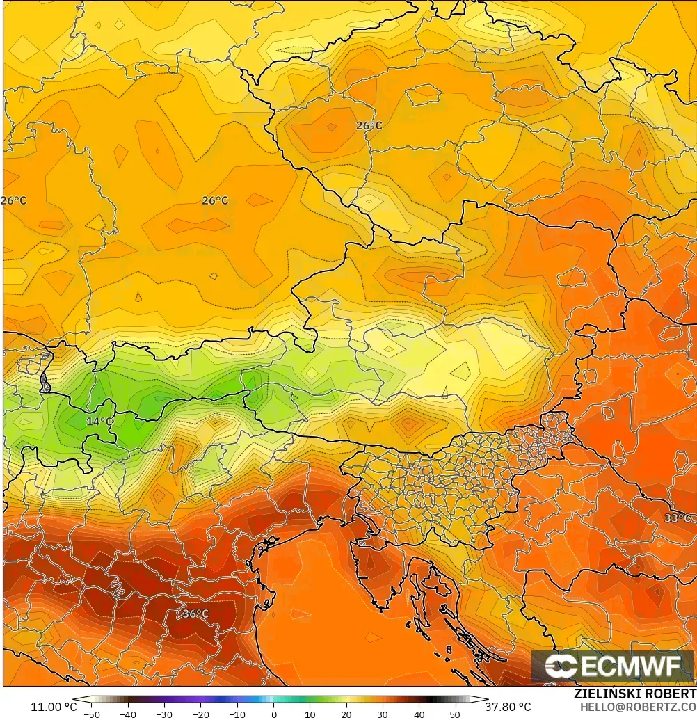 ECMWF IFS 0.25° model - Austria, Suhu 2 m