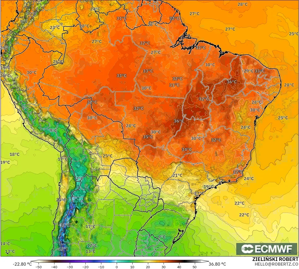 ECMWF IFS 0.25° model - Brasil, Suhu 2 m