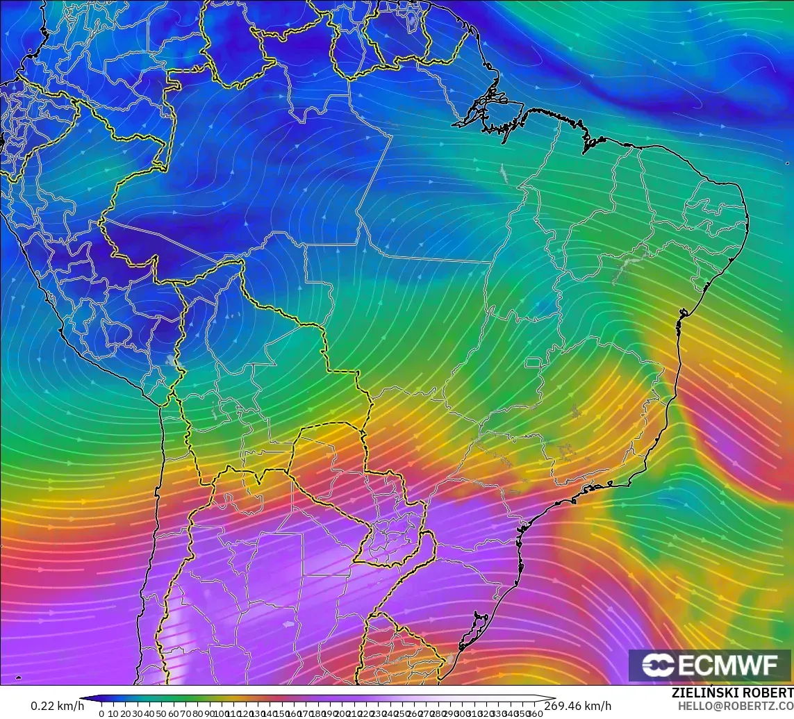 ECMWF IFS 0.25° model - Brasil, Angin 300 hPa (aliran jet)