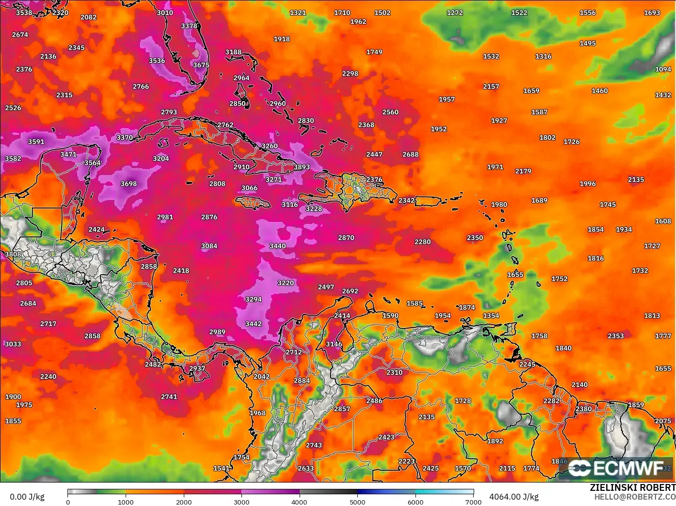 ECMWF IFS 0.25° model - Karibia, CAPE