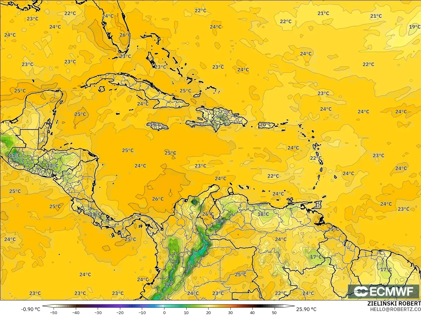ECMWF IFS 0.25° model - Karibia, Titik Embun 2 m