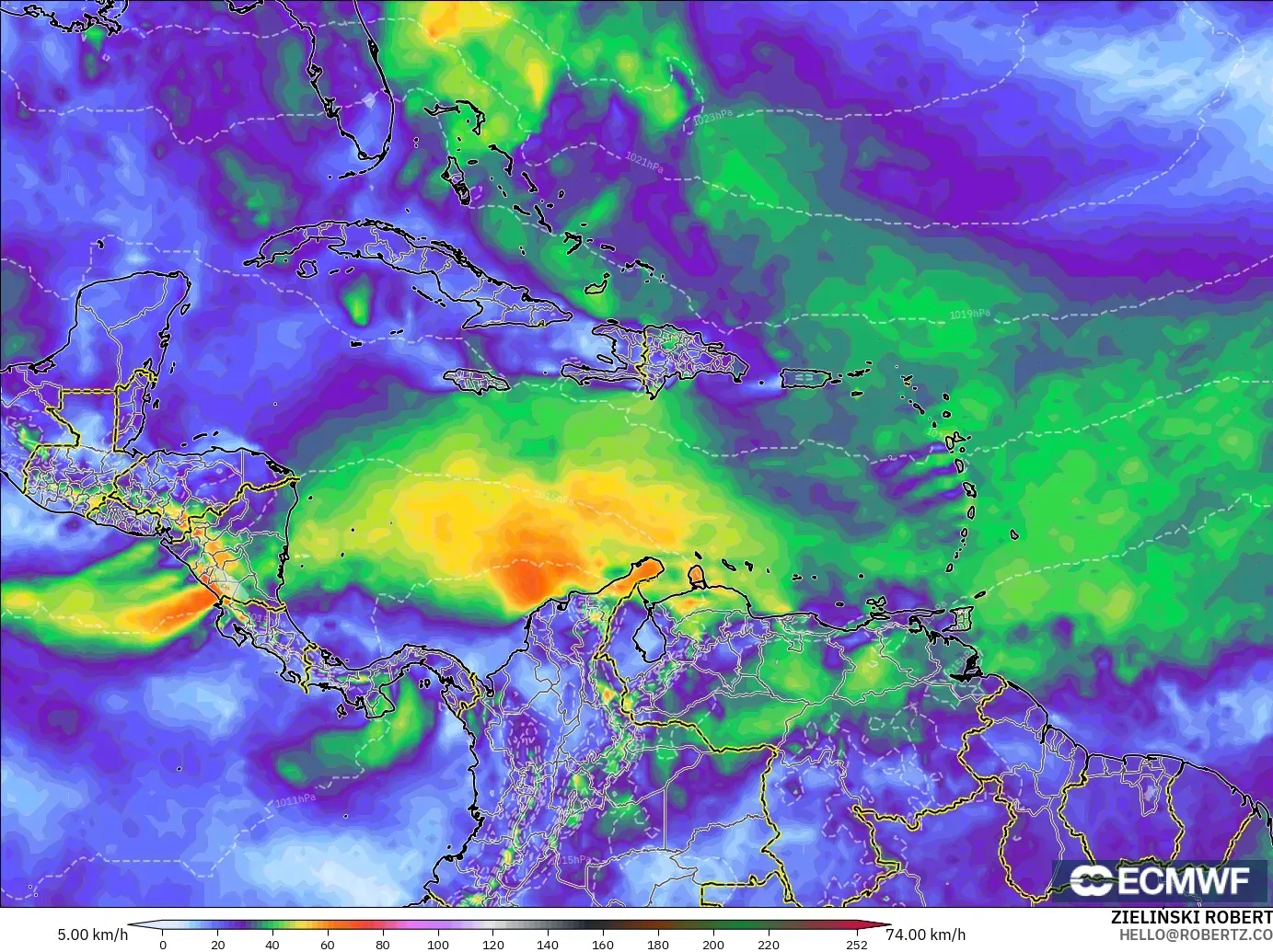 ECMWF IFS 0.25° model - Karibia, Puncak Hembusan