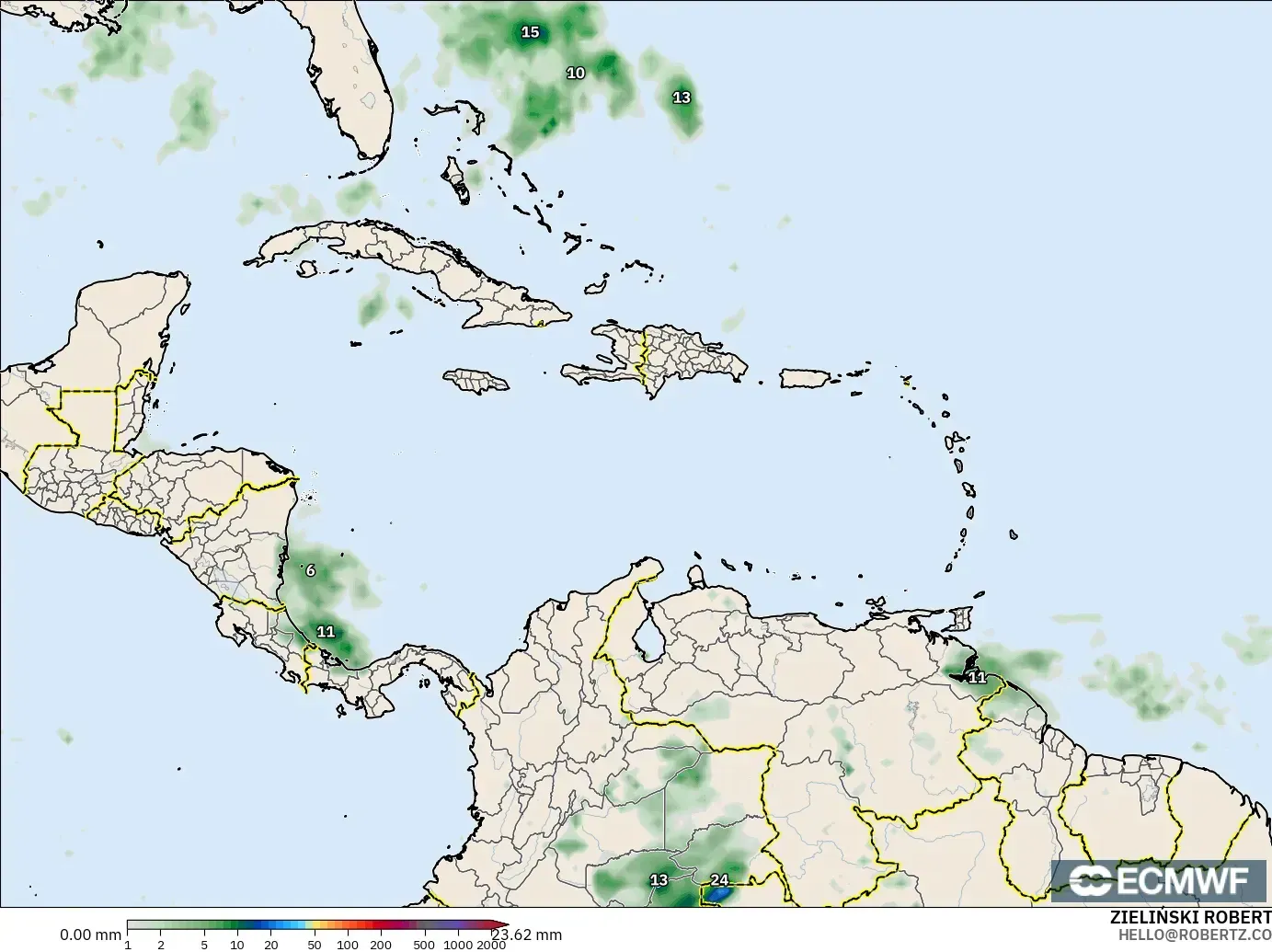 ECMWF IFS 0.25° model - Karibia, Akumulasi Curah Hujan