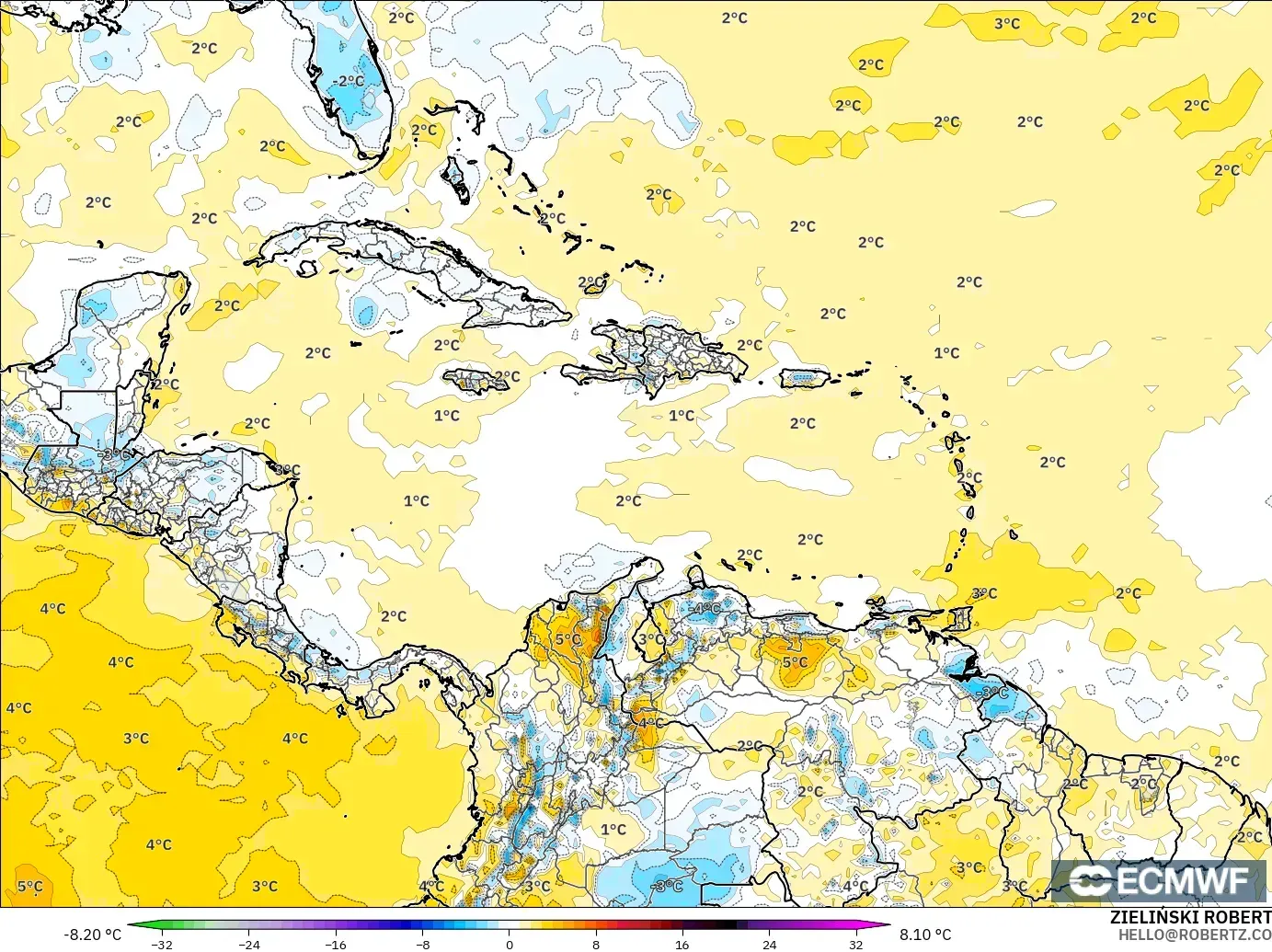ECMWF IFS 0.25° model - Karibia, Anomali Suhu 2 m