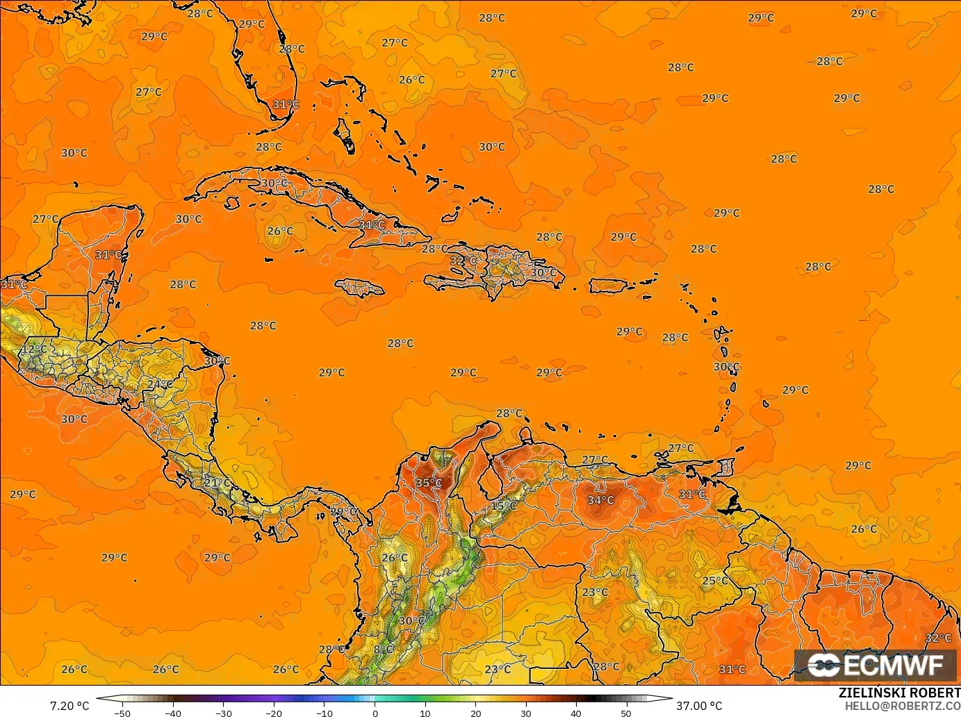 ECMWF IFS 0.25° model - Karibia, Suhu 2 m