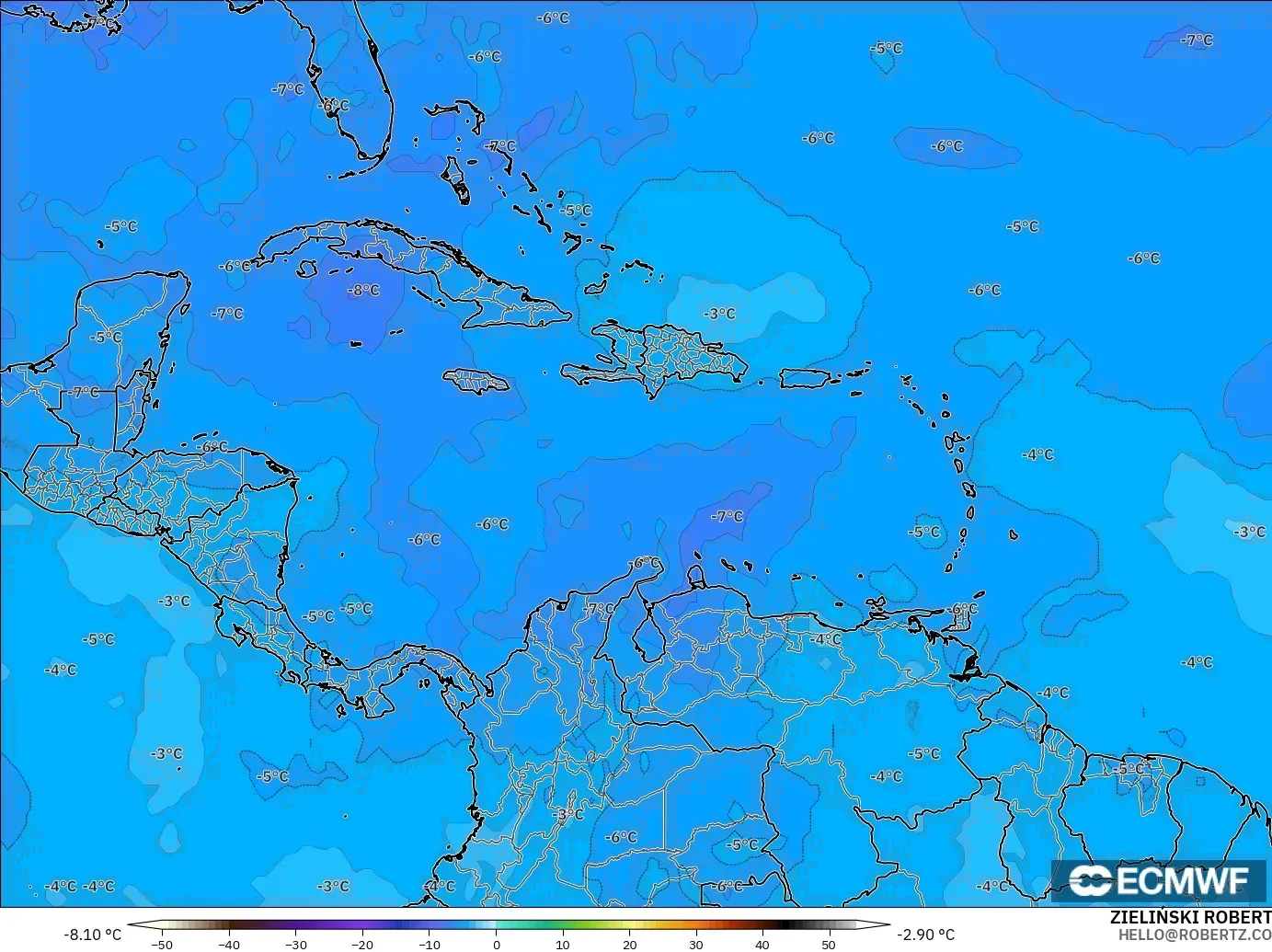 ECMWF IFS 0.25° model - Karibia, Suhu 500 hPa