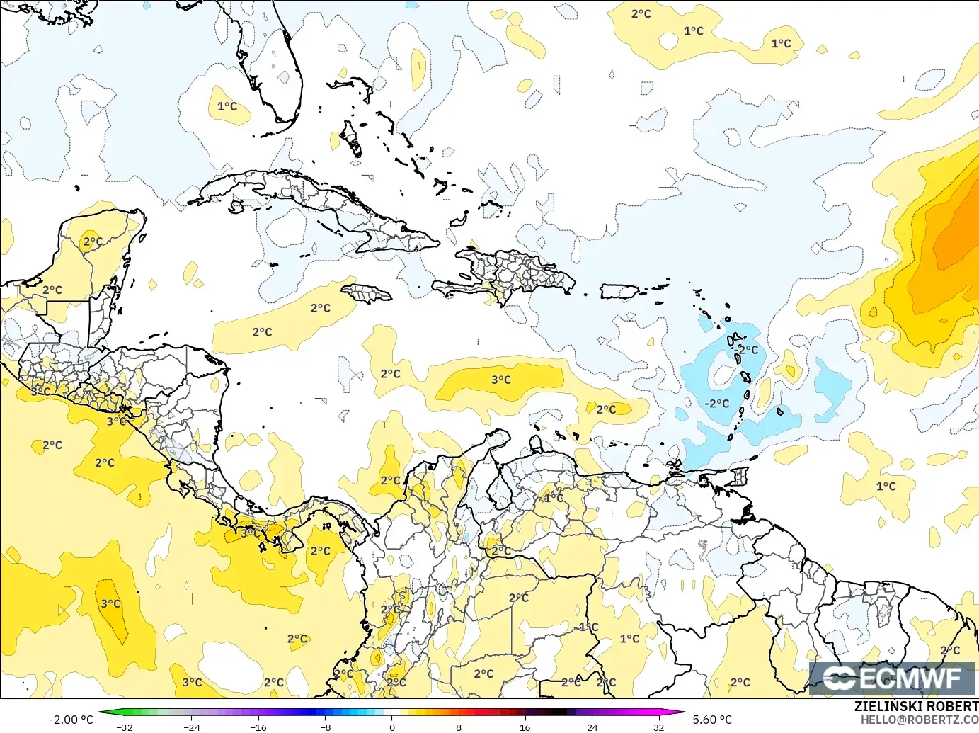 ECMWF IFS 0.25° model - Karibia, Anomali Suhu 850 hPa