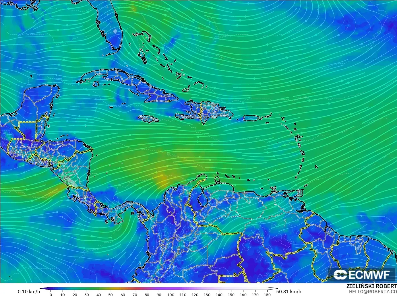 ECMWF IFS 0.25° model - Karibia, Angin 10 m