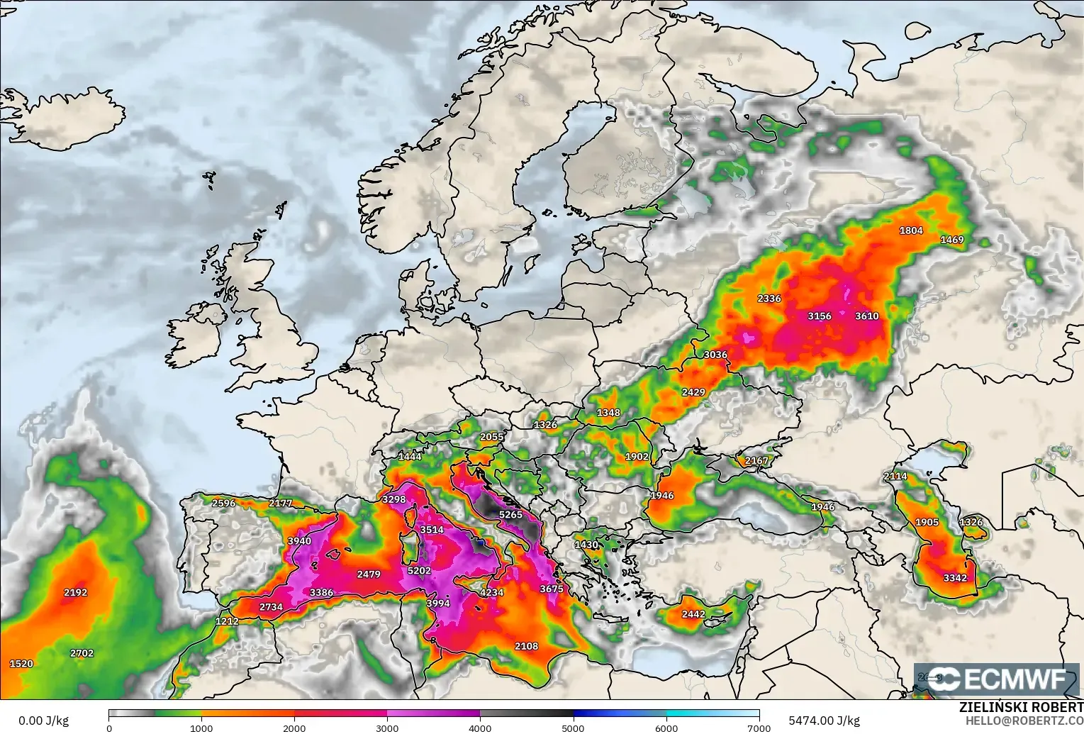 ECMWF IFS 0.25° model - Eropa, CAPE