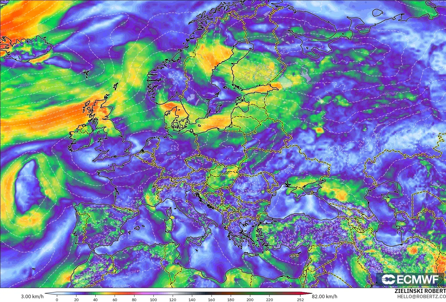 ECMWF IFS 0.25° model - Eropa, Puncak Hembusan
