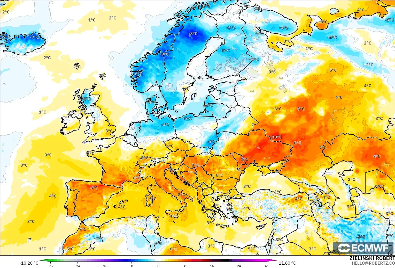 ECMWF IFS 0.25° model - Eropa, Anomali Suhu 2 m