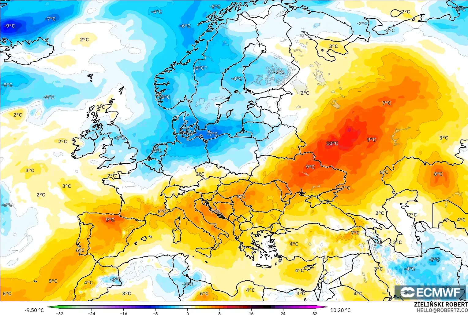 ECMWF IFS 0.25° model - Eropa, Anomali Suhu 850 hPa