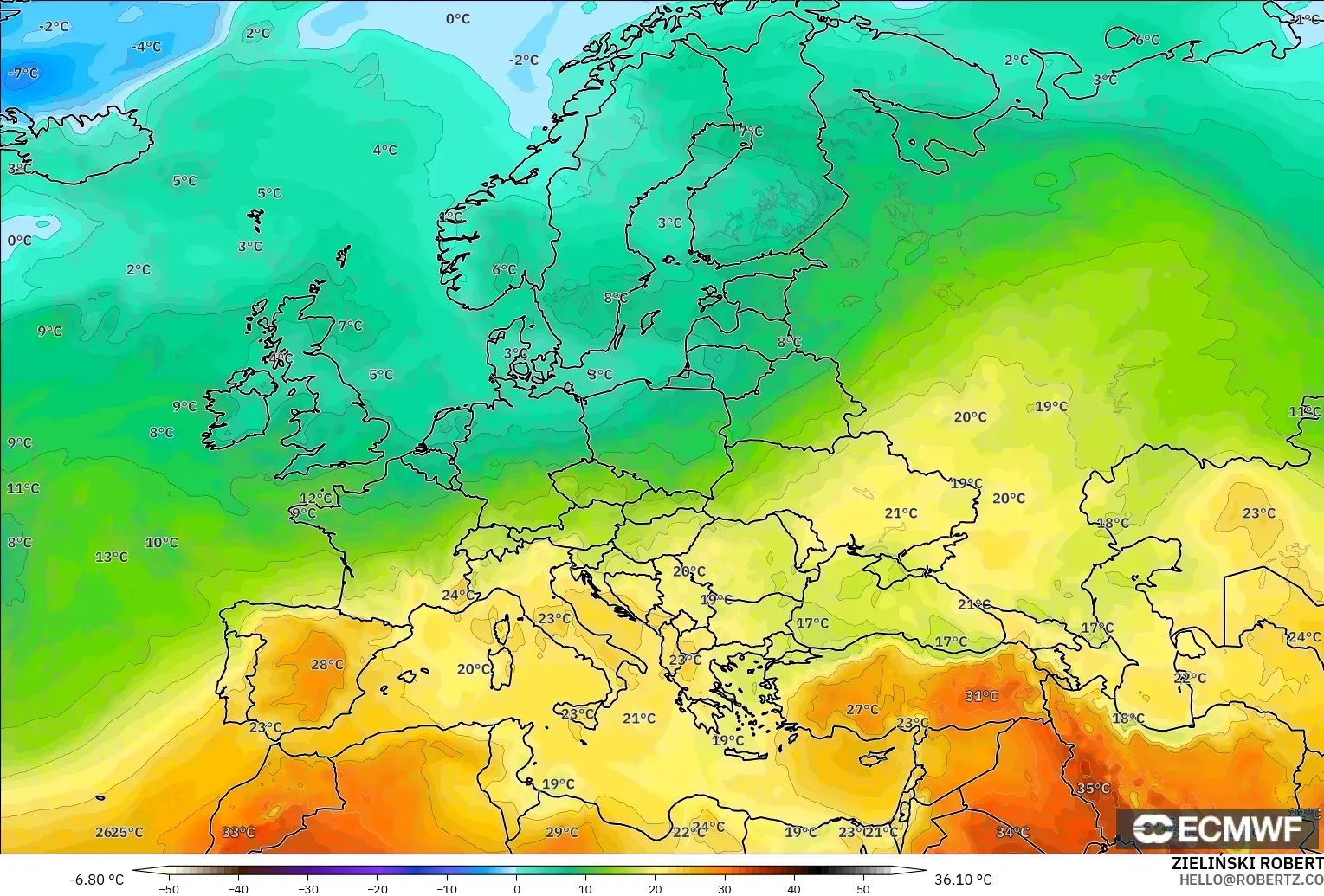 ECMWF IFS 0.25° model - Eropa, Suhu 850 hPa