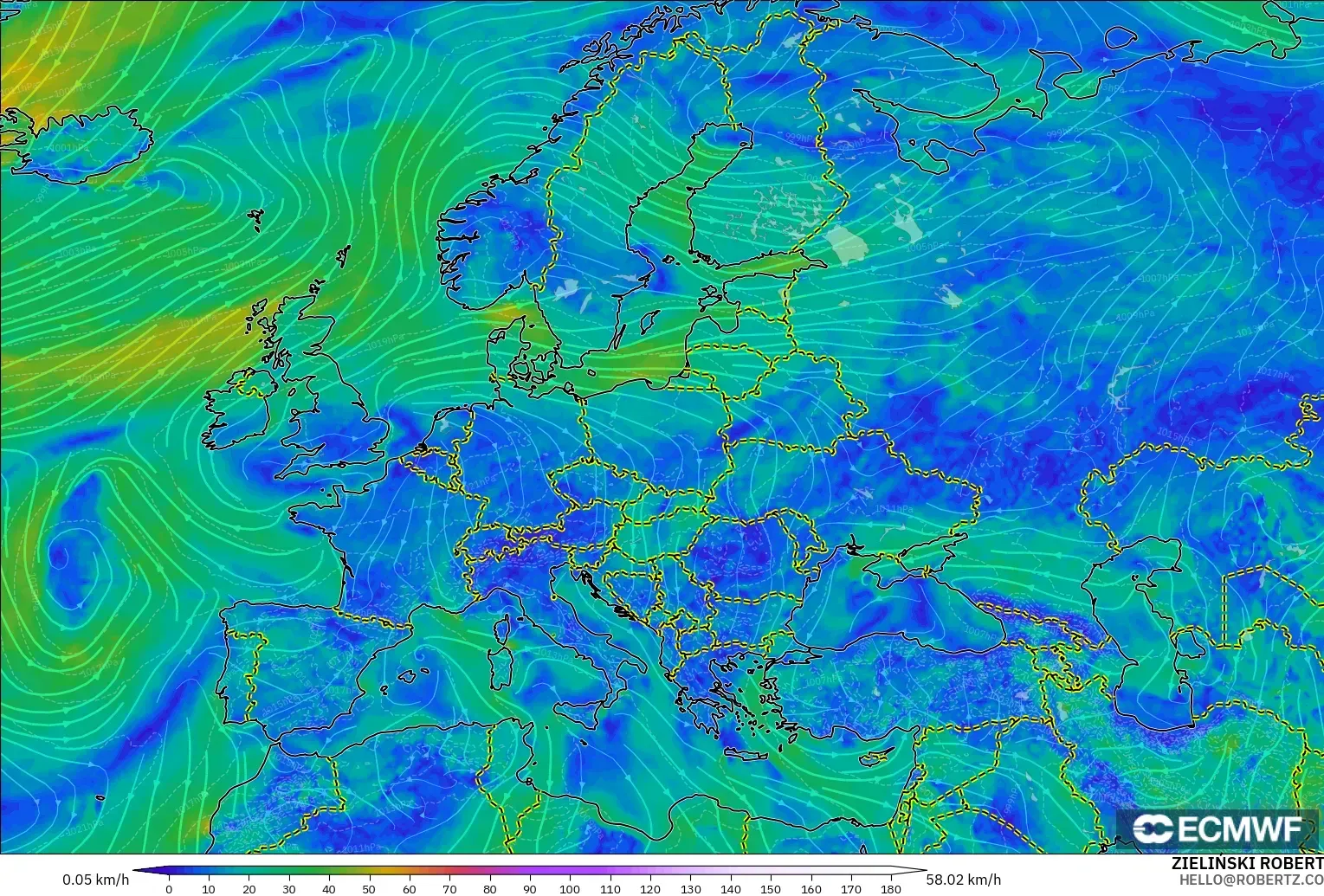 ECMWF IFS 0.25° model - Eropa, Angin 10 m