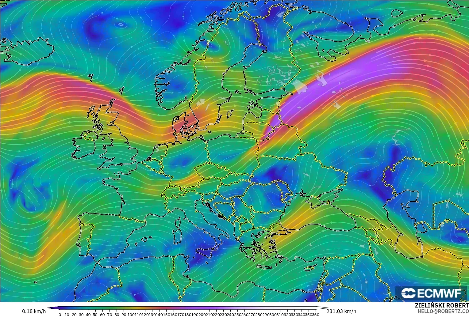 ECMWF IFS 0.25° model - Eropa, Angin 300 hPa (aliran jet)