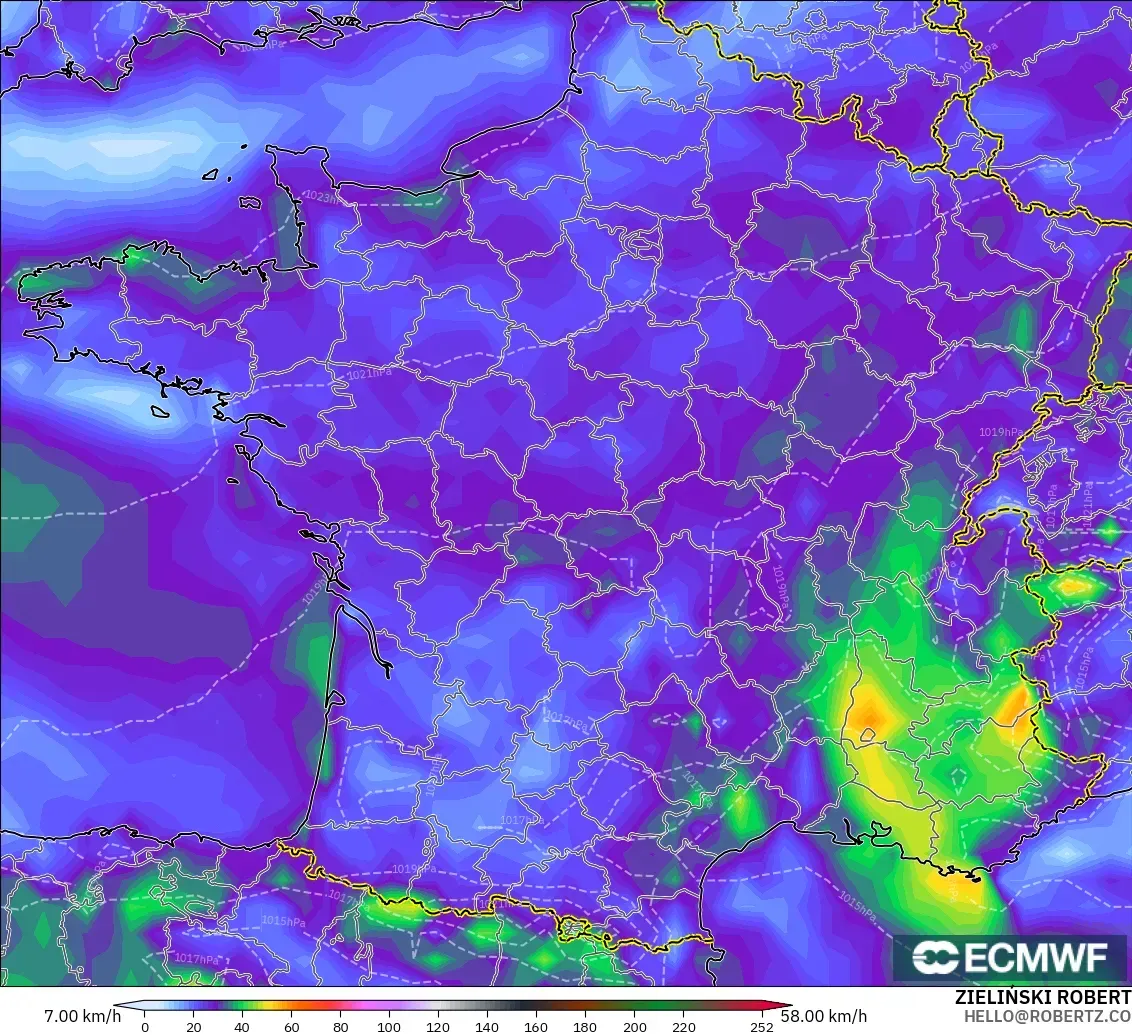 ECMWF IFS 0.25° model - Prancis, Hembusan Angin