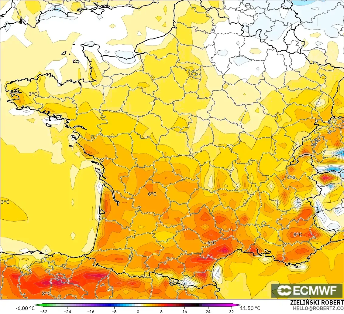 ECMWF IFS 0.25° model - Prancis, Anomali Suhu 2 m