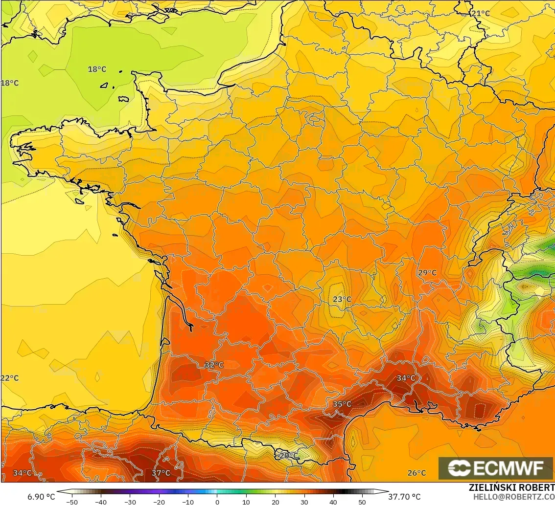 ECMWF IFS 0.25° model - Prancis, Suhu 2 m