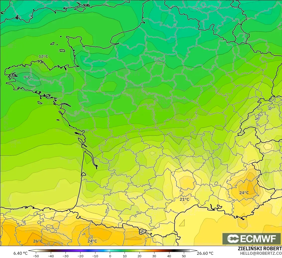 ECMWF IFS 0.25° model - Prancis, Suhu 850 hPa