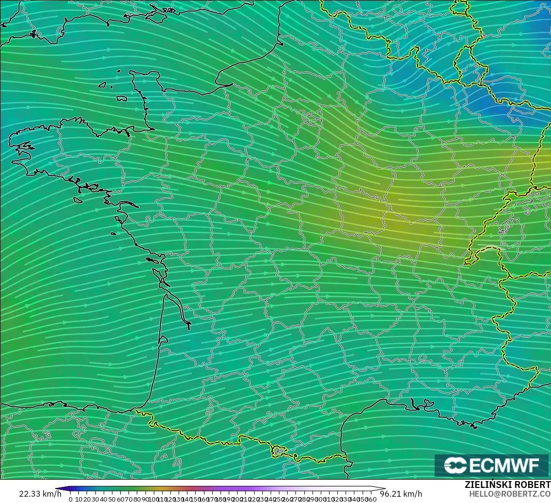 ECMWF IFS 0.25° model - Prancis, Angin 300 hPa (aliran jet)
