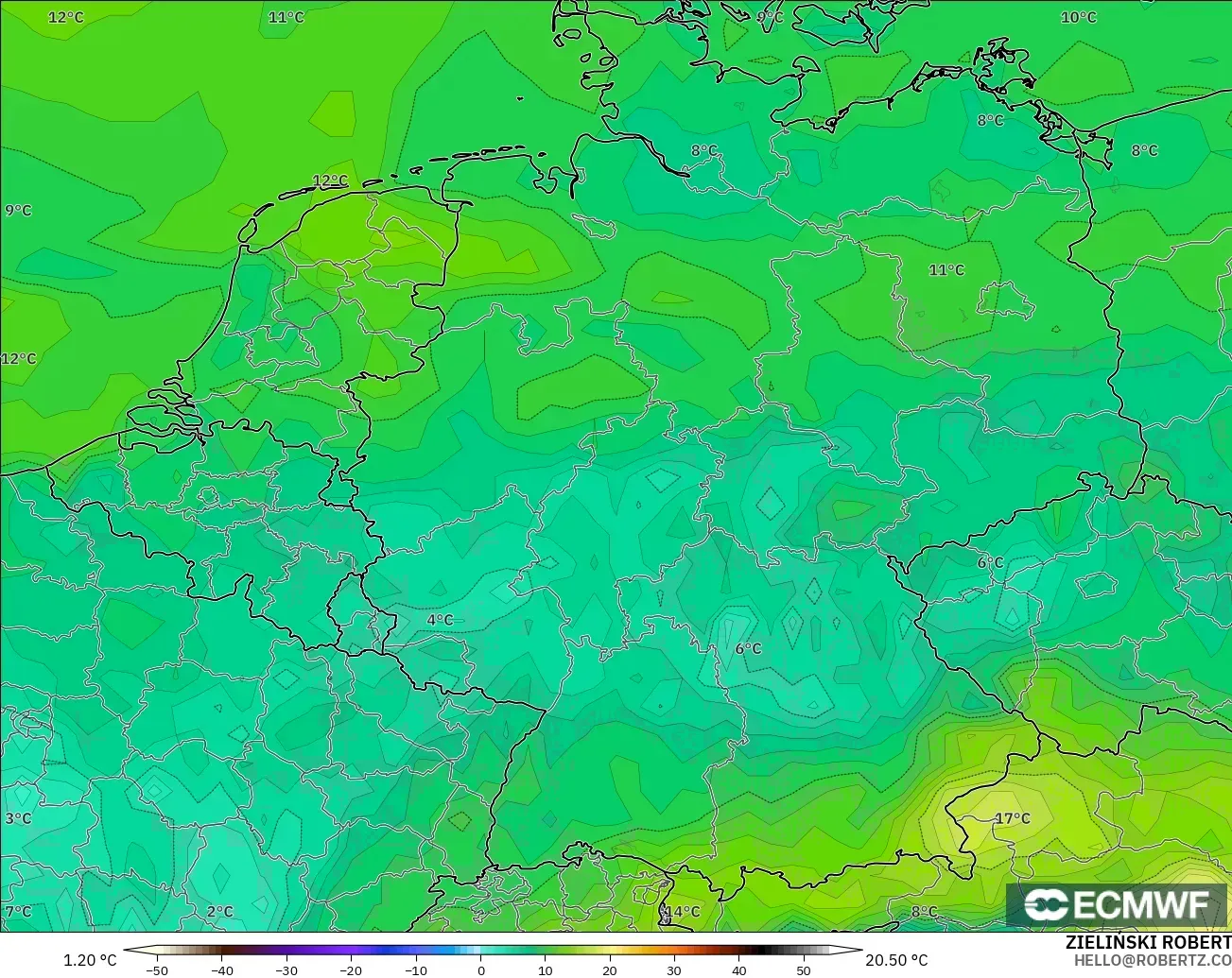 ECMWF IFS 0.25° model - Jerman, Titik Embun 2 m