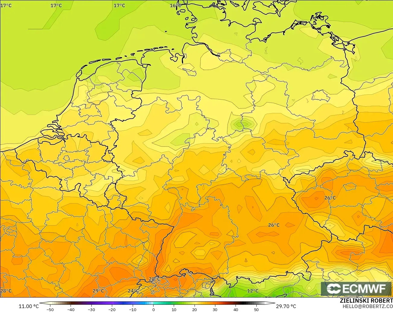 ECMWF IFS 0.25° model - Jerman, Suhu 2 m