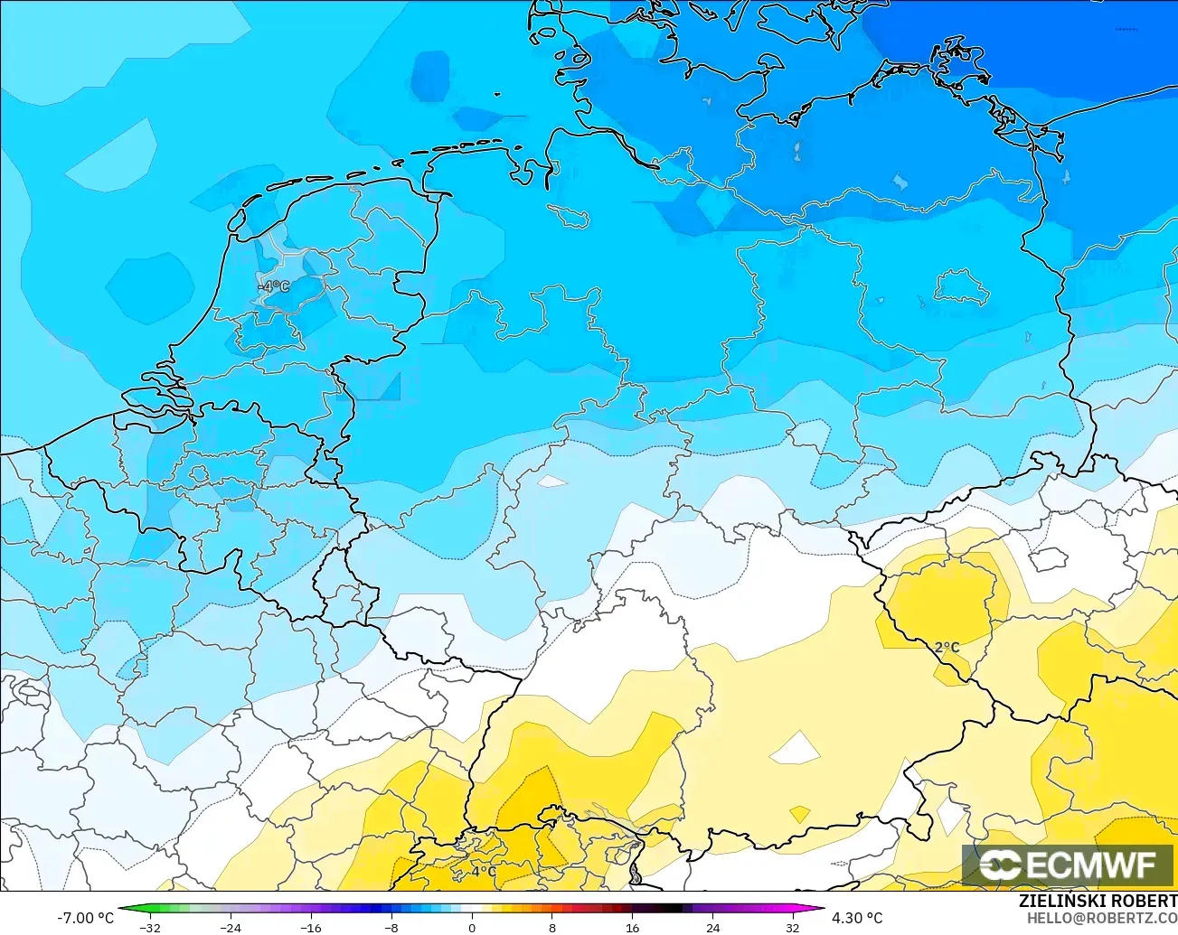 ECMWF IFS 0.25° model - Jerman, Anomali Suhu 850 hPa