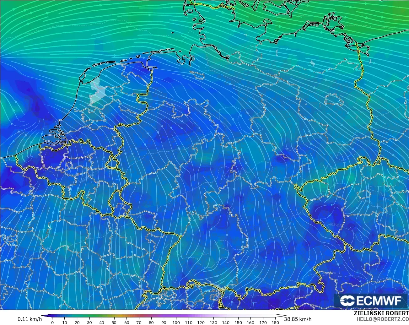 ECMWF IFS 0.25° model - Jerman, Angin 10 m