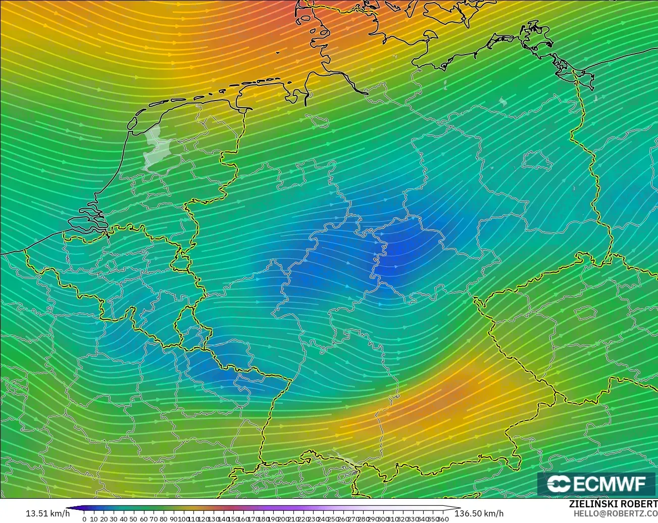 ECMWF IFS 0.25° model - Jerman, Angin 300 hPa (aliran jet)