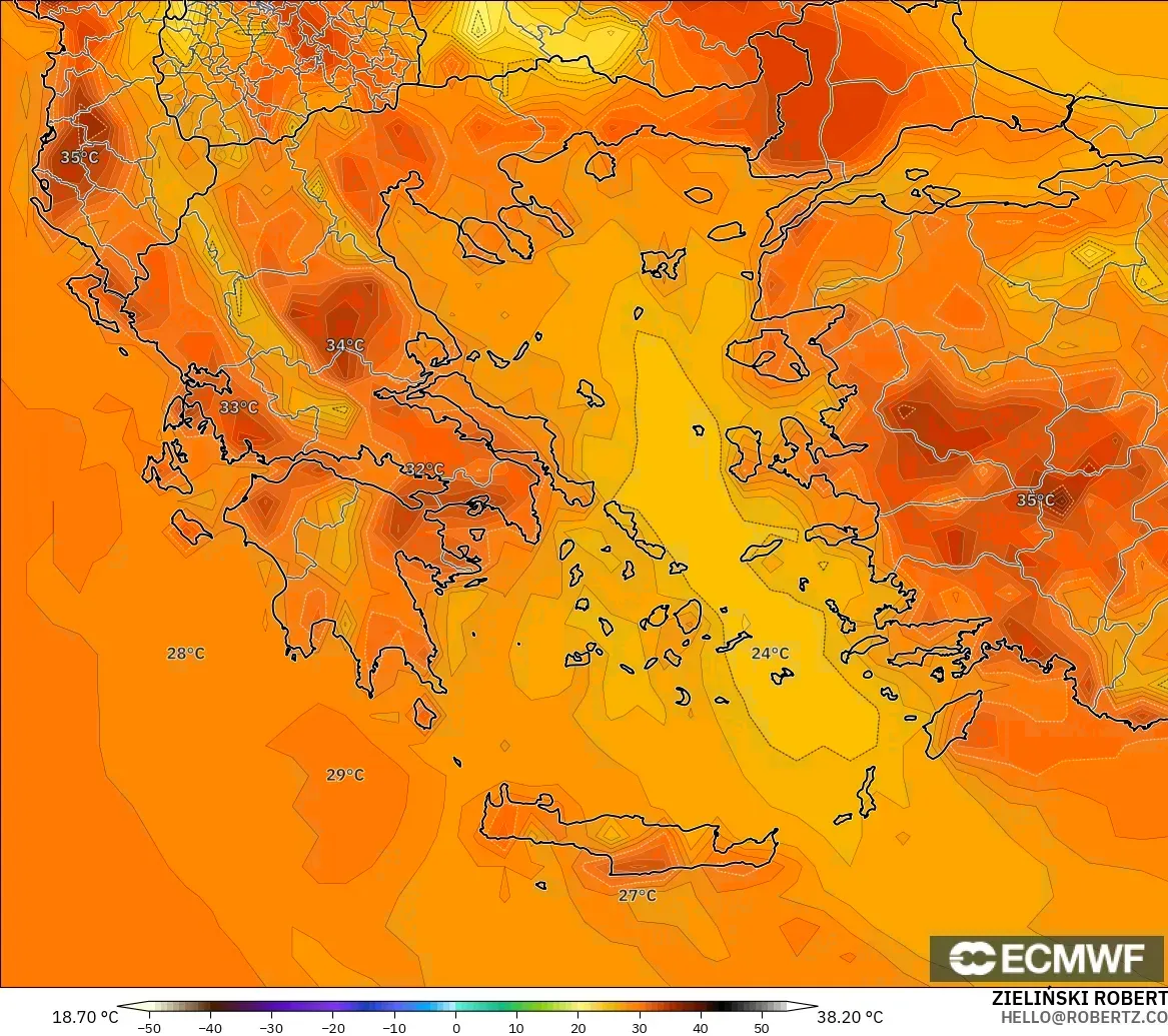 ECMWF IFS 0.25° model - Yunani, Suhu 2 m