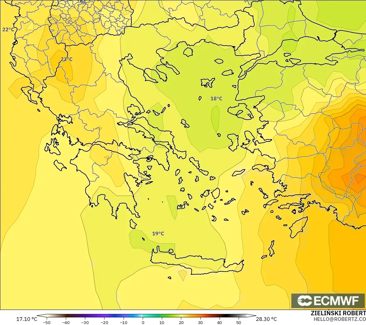 ECMWF IFS 0.25° model - Yunani, Suhu 850 hPa